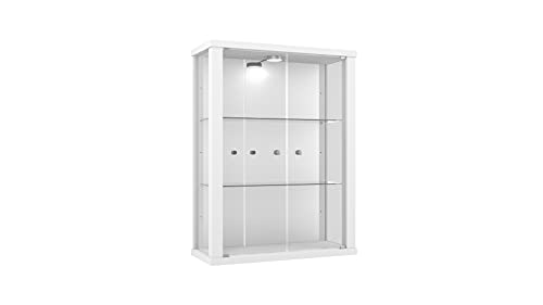 K-Möbel Vitrina de Vidrio en Blanco (80x60x25 cm) con 2 estantes de Vidrio de Altura Ajustable Hechos de Vidrio de Seguridad Templado, LED y Espejo; Iluminado coleccionistas