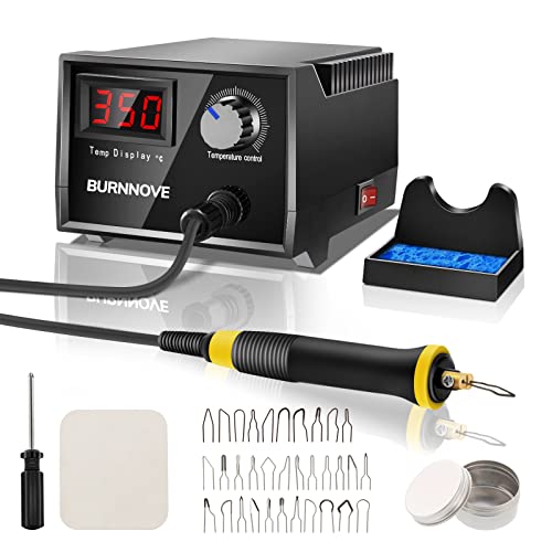 BURNNOVE Máquina de Pirograbado Kit de Quema de Madera 60W 220V con 0 ° C a 750 ° C Temperatura Ajustable 30 Cabezas de Bolígrafo Pantalla Digital