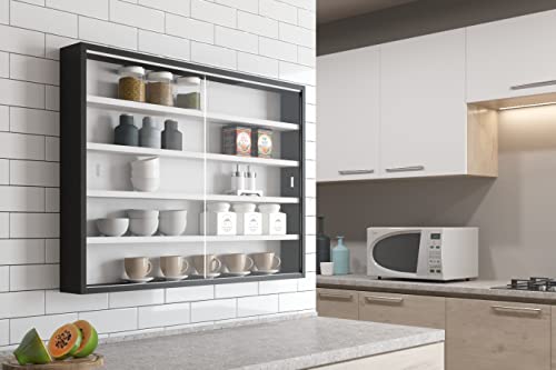 Inter Link Vitrina de coleccionista, vitrina de cristal, vitrina de pared, estante colgante, tablero de fibra de densidad media MDF, blanco y negro