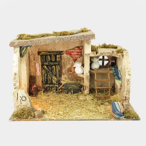 ALMACENES CASA ANGEL MAQUETA Artesanal Portal DE BELÉN. Pesebre DE Corcho Fabricado A Mano con Adornos DE Barro, ESCALERAS Y LUZ DE Bombilla.