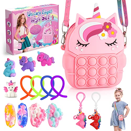Regalo Niña 3 4 5 6 7 8 9 10 Años, Fidget Juguetes Pack Juguetes Niña 2-10 Años Juguetes Antiestrés Barato Pop Bubble Push It Bolsa de Hombro Unicornio Juguete Squeeze Regalo de Cumpleaños Niña