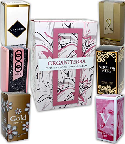 Set de 6 (seis) Perfumes para Mujer 15ml Cada uno en caja. Total 90ml (Eau de Toilette) En caja de regalo + Tarjetas