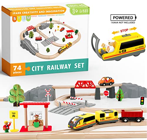 Juego de trenes de juguete con tren a pilas y rieles de madera -74Pcs-