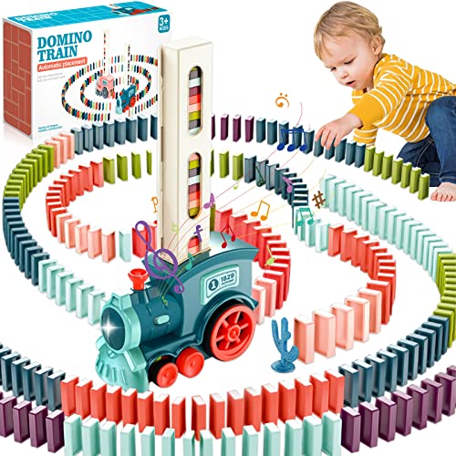 NCKIHRKK Dominó Tren Juguete,160 Bloques de Dominó Tren Eléctrico Juego,Tren Eléctrico Domino,Juego de Juguete de Tren de Dominó con Luz y Sonido,Juguete Educativo para Niños Mayores de 3 Años (Azul)