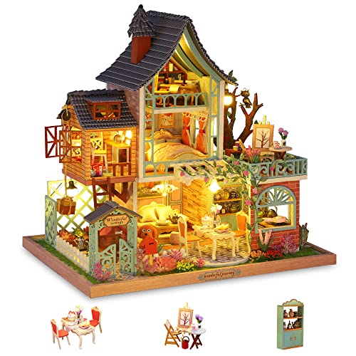 Cuteefun Casa en Miniatura para Montar, Casa de Munecas Miniatura con Muebles, Kit de Casas de Manualidades DIY con Música Herramientas, Idea de Regalo Creativa (Resort En La Jungla Feliz)